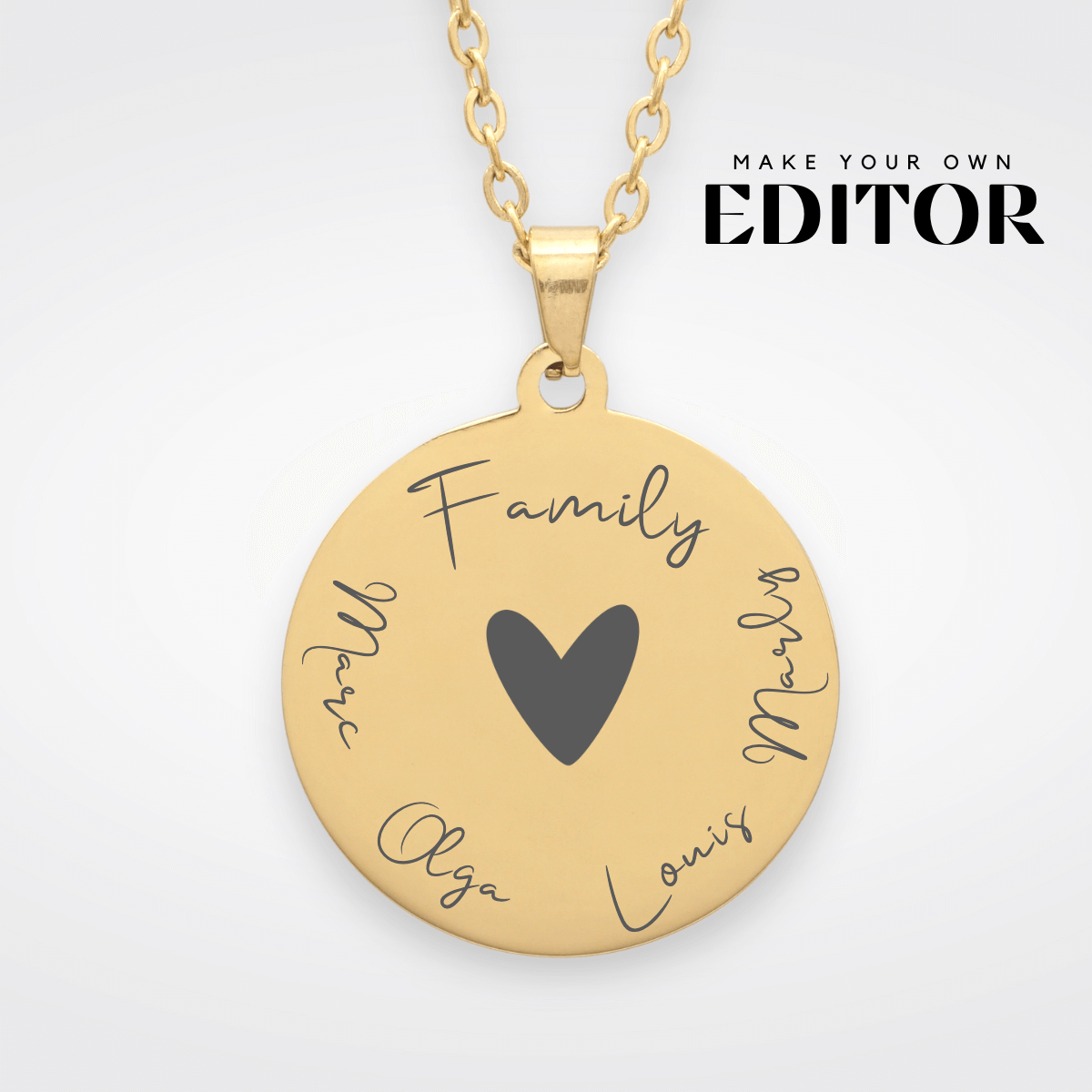 Goldfarbene Familienkette mit Wunschsymbol, einzeln lasergraviert