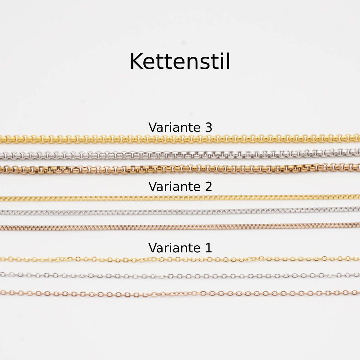 Kettenstil-Übersicht: drei Kettenvarianten – goldfarben, silberfarben und roséfarben – zur Auswahl für personalisierte Anhänger