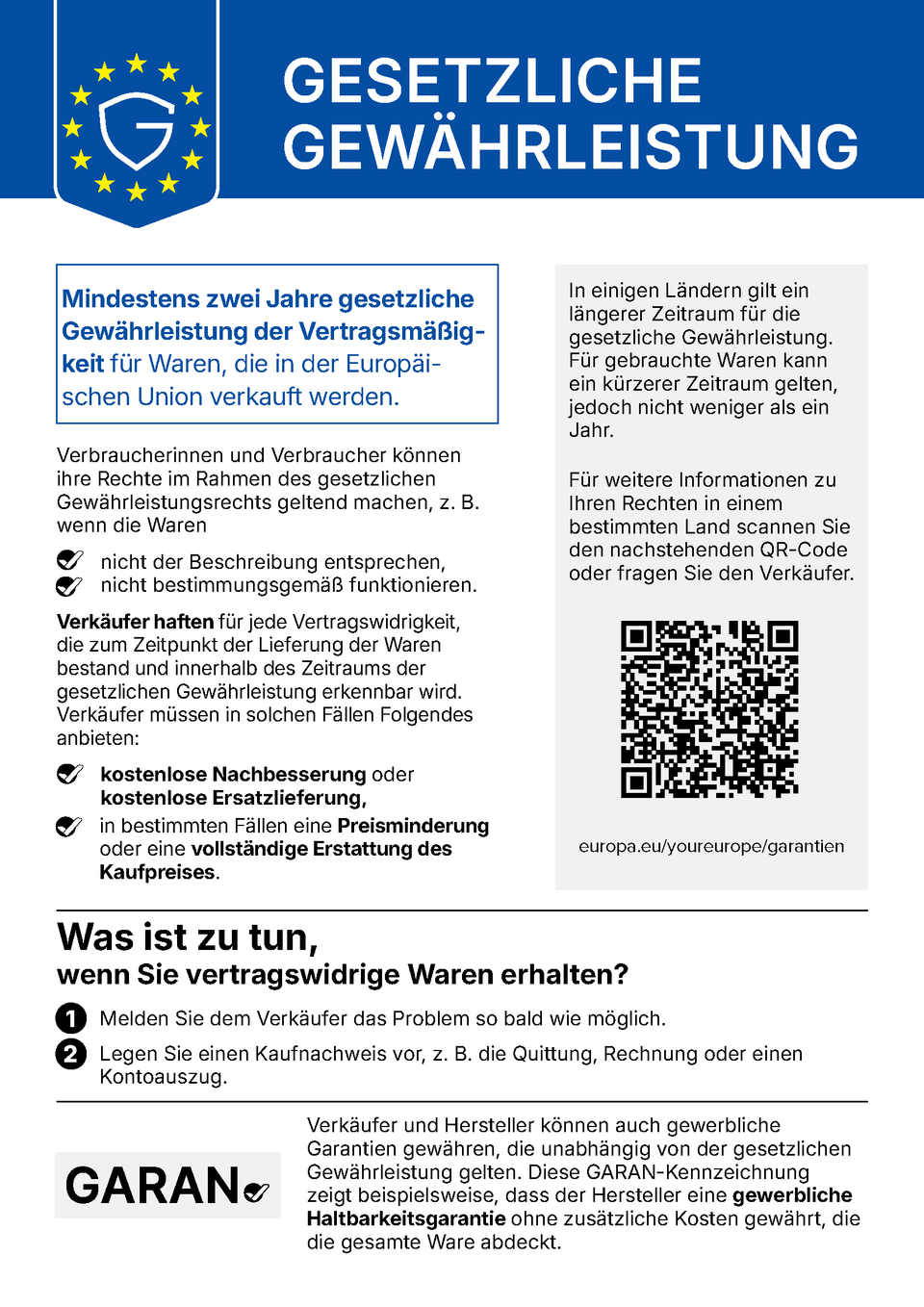 Harmonisierte EU-Mitteilung: Mindestens zwei Jahre gesetzliche Gewährleistung